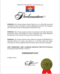 Dallas Mayor Proclaims October 7th as YorubaFest Day to Celebrate African Culture