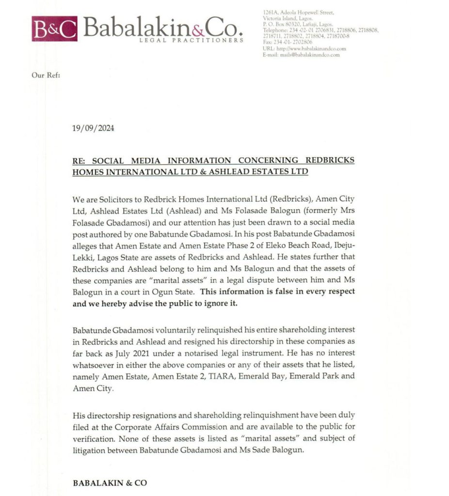 “You Don’t Own Amen Estate”- Lawyers Refute Gbadamosi’s Claims on Redbrick Homes