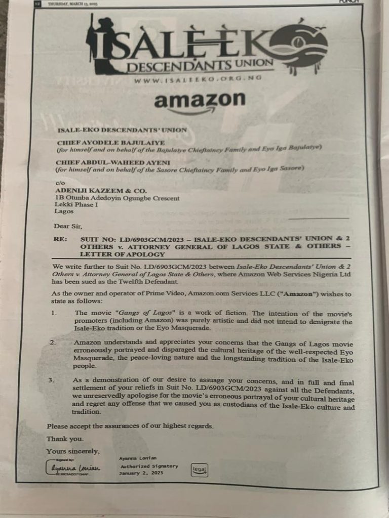 Amazon Apologizes to Isale-Eko Descendants' Union Over Alleged Cultural Misrepresentation in "Gangs of Lagos"