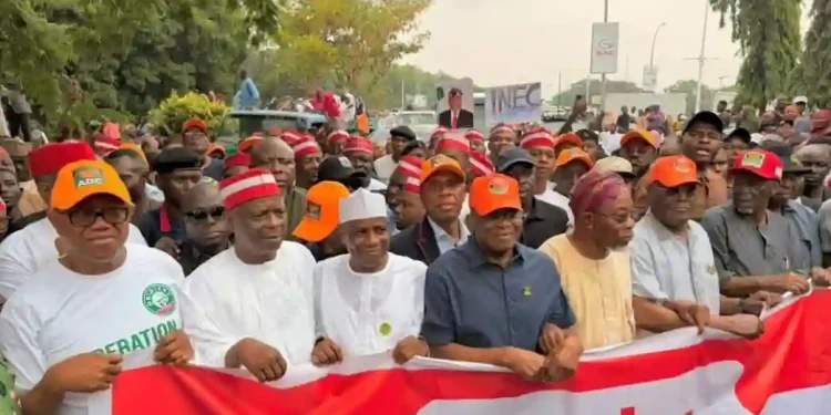 OccupyINEC: Atiku, Obi, Kwankwaso Lead Massive ADC Protest in Abuja Over INEC Decisions