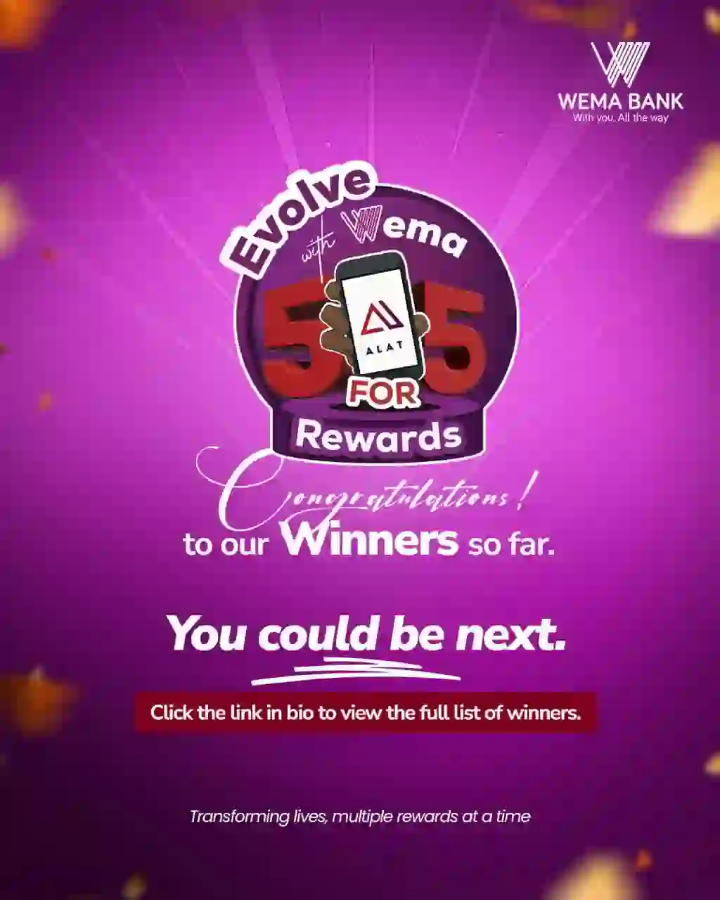Wema Bank's 5 for 5 Rewards Delivers ₦17.96 Million to 273 Customers in One Month